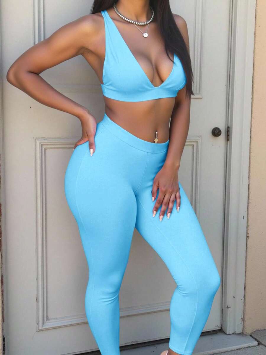 SHEIN 女士深 V 短款上衣和紧身裤两件套性感套装 - 藍色 - 查看 1