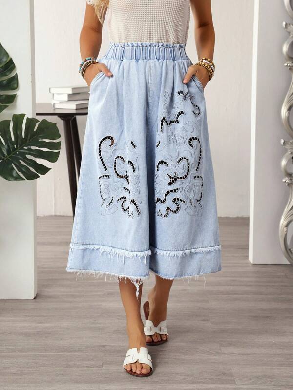 EMERY ROSE Women's Casual Loose Pocket Elastic Waist Denim Skirt