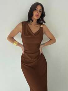 Firerie 女士白色肩带荷叶边腰部中长连衣裙，百搭 - 优雅通勤，性感度假，时尚前卫，春夏季，适合通勤、优雅、性感、度假、海滩、夏威夷、婚礼季、毕业典礼、舞会 - 棕色 - 查看 3