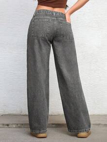 Jeanoix Quần Jeans Ống Thẳng Cài Nút Thời Trang Cỡ Lớn Y2K - Màu Xám nhạt - Xem 2