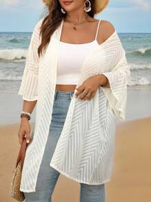SHEIN LUNE Plus Size Women's Mesh 3/4 Sleeve Open Front Casual Jacket - Beige - View 6