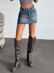 EURMUSE 低腰斜口袋 Y2K 迷你牛仔裙 - 藍色 - 查看 5