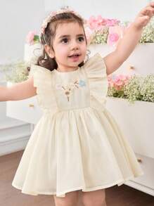 SHEIN Babygirl 可爱优雅夏季杏色花卉刺绣宽松荷叶边下摆连衣裙 - 杏色 - 查看 5