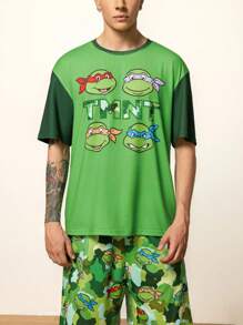 TEENAGE MUTANT NINJA TURTLES | SHEIN Men's Comfy Colorblock Cartoon Turtle Pattern Short Sleeve Top And Shorts Loungewear Set, Summer