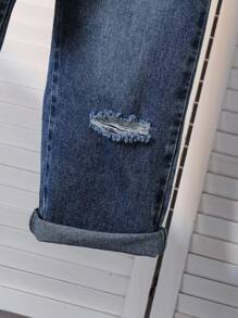 SHEIN 2pcs/Set Fashion Casual Boys Black & White Striped Pocket Long Sleeve T-Shirt + Ripped Waistband Elastic Jeans Pants, Loose Fit, Suitable For Daily Wear, Travel, Party And Photo Shooting,Back To School Fall Winter - Multicolor - View 4