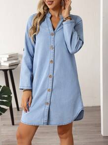 EMERY ROSE 女式V领卷边单排扣休闲牛仔连衣裙 - 藍色 - 查看 7