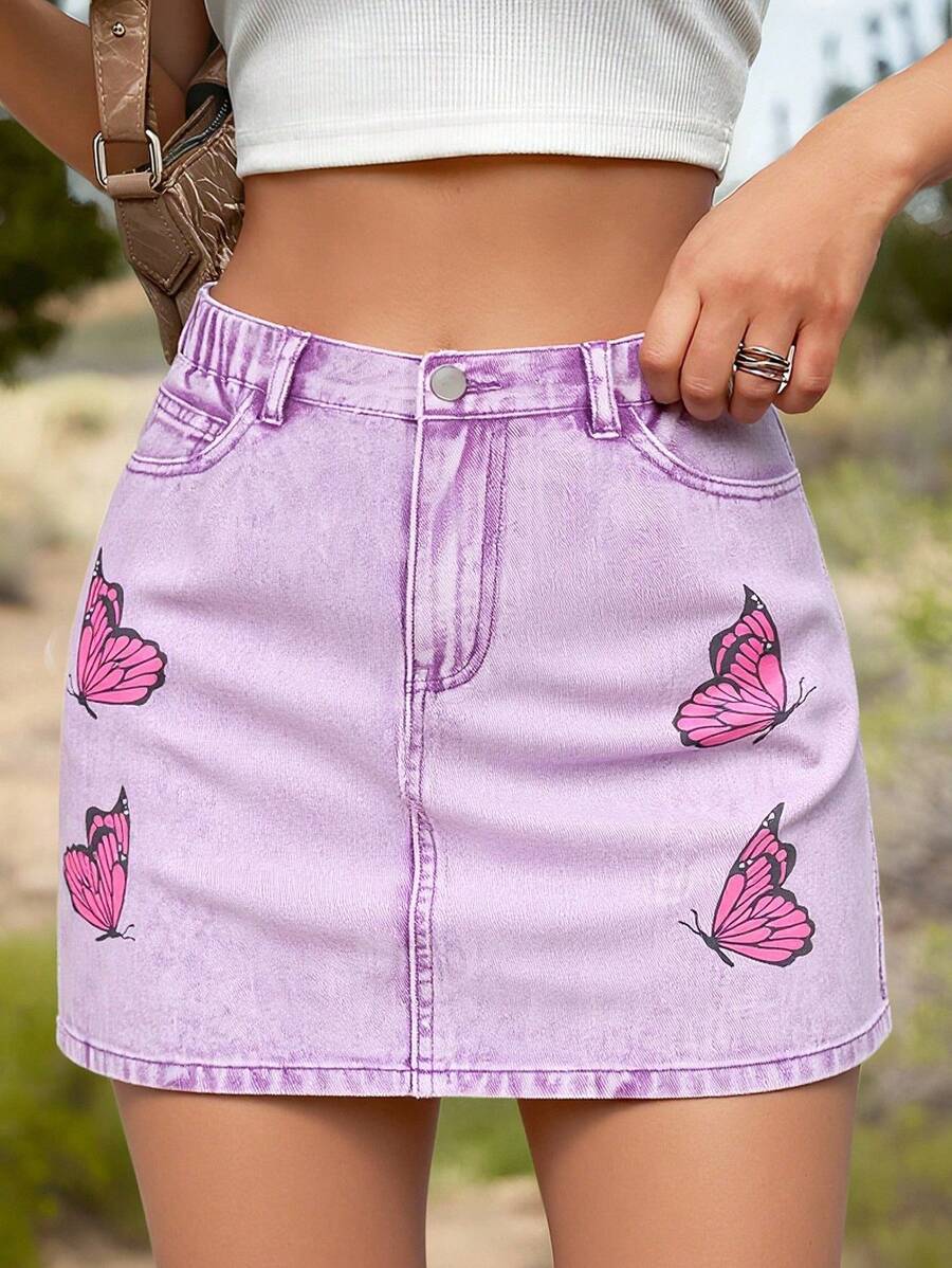 Teen Girl Purple Butterfly Print Denim A-Line Skirt, Medium Waist, Loose Fitting, Personalized Street Style Casual Retro Fashion Sweet Design - Purple - View 1