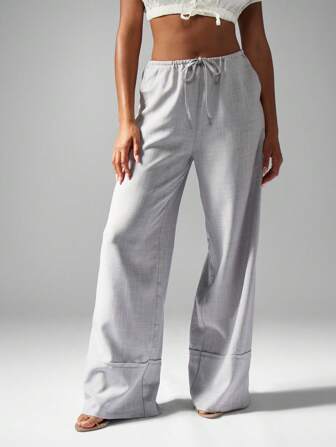 MISSGUIDED Pantalon palazzo ample avec sensation de lin, avec poignets profonds. Pantalon pour bureau, villégiature, été, plage, vacances. Élégant et aérien.