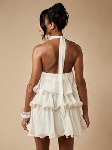 MISSGUIDED 层叠荷叶边迷你派对连衣裙，单肩挂脖设计，飘逸夏季婚礼宾客招待会特殊场合假日蜜月礼服 - 杏色 - 查看 2