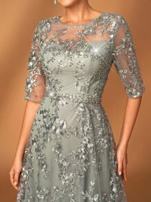 Serin 优雅奢华的灰色魅力泡泡珍珠水钻刺绣蕾丝V领薄纱短袖A字连衣裙，适合婚礼、单身派对、度假、舞会、晚宴、新娘母亲正式礼服、情人节等场合。 - 藕粉色 - 查看 5