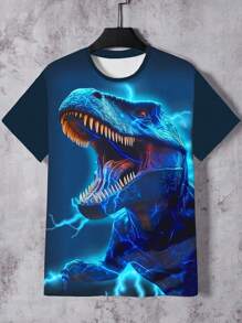GraphicGems Young Boy Blue Lightning & Dinosaur Digital Print Casual T-Shirt