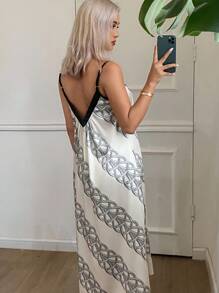 DAZY Women's Contrast Piecing Wrapping Pattern Full Print Camisole A-Line Nightgown Pajama - White - View 2