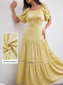 Modelyn Fashionable & Elegant Tie Neck Patchwork Knitted Yellow Dress - Yellow - View 2