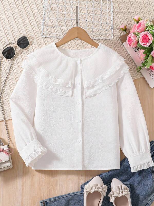 SHEIN Tween Girl Solid Color Ruffled Hem Button Down Long Sleeve Blouse