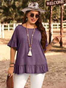 EMERY ROSE Plus Size Round Neck Short Sleeve Solid Color T-Shirt, Casual & Fashionable For Everyday Wear,Summer Clothes,Vacation Outfits Woman / Vacation,Boho Women Clothing, Ruffle Sleeve Top, Dark Purple Top, Summer Top,Fall Women Clothes ,Summer Holiday,Vacation Outfits Women,Simple And Fashionable For Everyday Wear,Suitable For Early Autumn,Going Out Outfits,Western Outfits, Early Autumn Boho Top For Women,Teacher Outfits For Women,Teacher Outfits For Women
