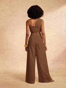 Zivah New Spring And Summer Casual And Elegant Vacation One-Shoulder Chest Knotted Strap Design Back Cropped Top + Wide-Leg Super Trousers White Woven Women's Two Pieces Set-A - Brown - View 2