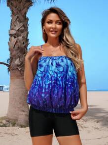 Swim Lushoire Women's Fashion Striped Geometric Print Camisole And Bikini Set For Summer Beach Vacation - Blue - View 4