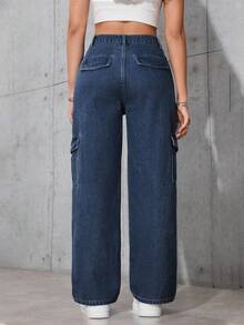 Flirla Casual Washed Straight-Leg Cargo Jeans - Dark Wash - View 2