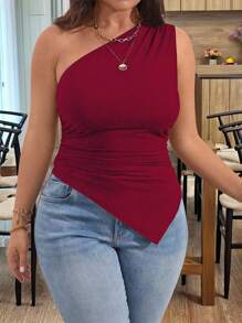 EMERY ROSE 大码女式休闲纯色不对称领口修身衬衫 - 酒紅色 - 查看 3