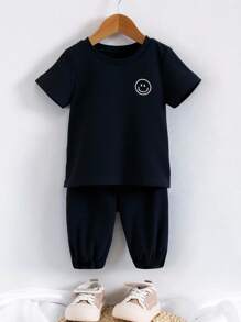 Baby Boy Smiling Face Printed Short Sleeve T-Shirt And Pants Set - Black - View 1