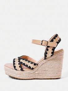 Styleloop Sandalias de plataforma con cuña de cuerda tejida para mujer, estilo de vacaciones BOHO Chic Retro del Oeste Americano para festival de música, zapatos de suela gruesa - Albaricoque - Ver 2