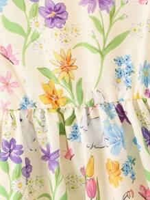 SHEIN Girls Elegant Floral Print Round Collar Flutter Sleeve Hollow Back Bow Decor Waist Ruffle Hem Casual Fashionable Dress, Suitable For Vacation/Travel In Summer Girls Floral Bow Dress Yellow Floral Girls Dress Girl Floral Dress Little Girl Floral Dress Girls Bow Dress Summer Holiday - Yellow - View 7