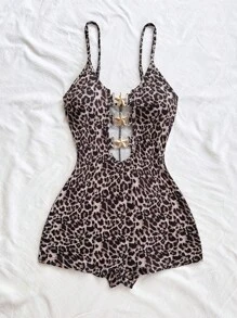 Soleia Women's Classic Leopard Print Sleeveless Romper With Cutout Detail And Metal Starfish Decor, Figure-Flattering, Suitable For Party, Date, Afternoon Tea, Beach, Music Festival, Carnival, Can Be Worn As Outer Or Inner Layer, Fashion Casual Street Holiday Leopard Romper Playsuit,Leopard Print