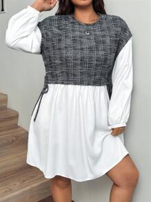 Comfortcana Retro Plaid Contrast Color Loose Fit Plus Size Women Long Sleeve Casual Dress - Multicolor - View 4