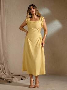 Flirla 大码女式法式浪漫荷叶边优雅沙滩裙，方领荷叶边袖，腰部收褶，喇叭裙，及踝长度，适合春夏季 - 黃色 - 查看 6