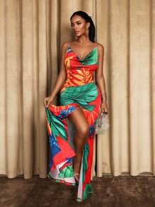 Sirith Vestido de mujer con escote profundo y abertura alta con estampado - Multicolor - Ver 4