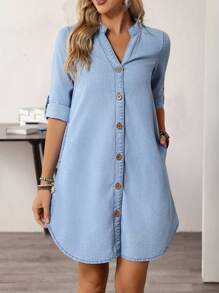 EMERY ROSE 女式V领卷边单排扣休闲牛仔连衣裙 - 藍色 - 查看 4