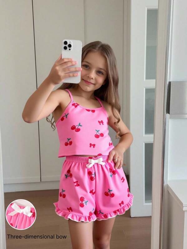 Set de îmbrăcăminte casual pentru fete, elegant, drăguț, cu imprimeu de cireșe, bluză și pantaloni scurți, tricotați, de vară