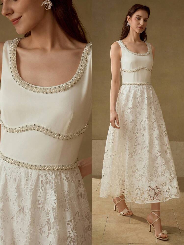 FAUX PEARL GUIPURE LACE DRESS