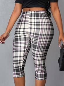 SHEIN Unity Fashionable Plaid Pattern Slim Fit Cropped Leggings - Multicolor - View 5