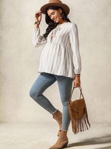 Boho Mama Pregnant Women Striped Front Tie Long Sleeve Ruffle Hem Casual Blouse - Khaki - View 5