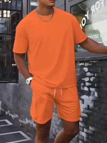 Manfinity Homme Men's Solid Color Crew Neck Short Sleeve Casual T-Shirt And Drawstring Waist Cargo Shorts Set - Orange - View 1