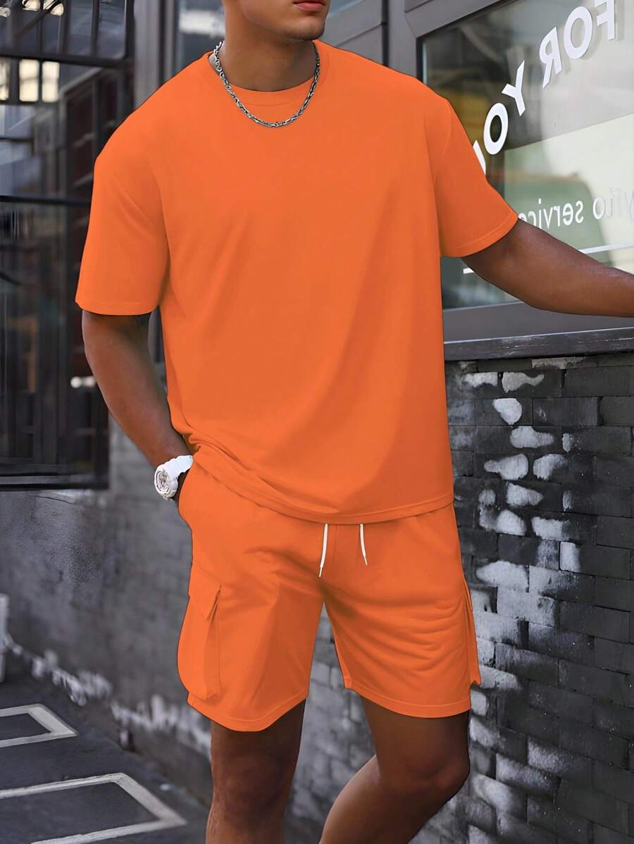 Manfinity Homme Men's Solid Color Crew Neck Short Sleeve Casual T-Shirt And Drawstring Waist Cargo Shorts Set - Orange - View 1