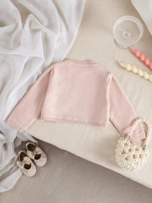 Souflis Souflis Baby Girls Knitted Cardigans, Long Sleeve, Comfy, Elegant Plain Color Bow Design Short Shawl Outerwear, Fashionable, Cute, Chic, Versatile, Suitable For Spring/Autumn, Indoor, Outdoor, Vacation - Pink - View 2