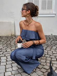 Siren Gaze Herbst 2025 Neu! Frauen Herbstkleidung im Stil von "Old Money" - Business Lässig Blaue Denim Bandeau Jumpsuit mit Rüschen-Saum an den Schultern, Lehrerin Outfits für Frauen Rückkehr zur Schule Arbeitsweg Alltags-Tragen Jumpsuit, Lässiger Jumpsuit mit langem Rüschensaum für Büro & Alltag - marineblau - Übersicht 6