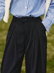 Briarwyn Quần ống rộng xếp ly dệt trơn màu đơn giản dành cho nữ, có túi bên hông, thời trang thu đông dành cho nữ, thời trang trở lại trường, thời trang giáo viên dành cho nữ, phong cách cổ điển dành cho nữ, phong cách quý tộc - màu đen - Xem 3