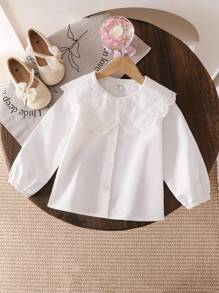 Genkimix Kids 全新年轻女孩时尚甜美蕾丝领白色长袖衬衫，百搭婴儿汗衫 - 白色 - 查看 3