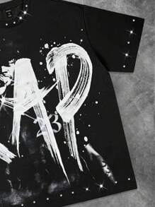 ROMWE MEN Street Life Black Round Neck Short Sleeve Rap Punk Rhinestone Streetwear Style T-Shirt For Men - Black - View 6