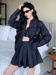DAZY 2pcs Women Oversized Casual Street Vintage Washed Denim Top And Pleated Skirt Suit, Suitable For Back To School Season Fall/Winter - Dark Wash - View 2