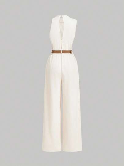 SHEIN MOD IGH NECK SOLID POCKET JUMPSUIT WITH BELT,