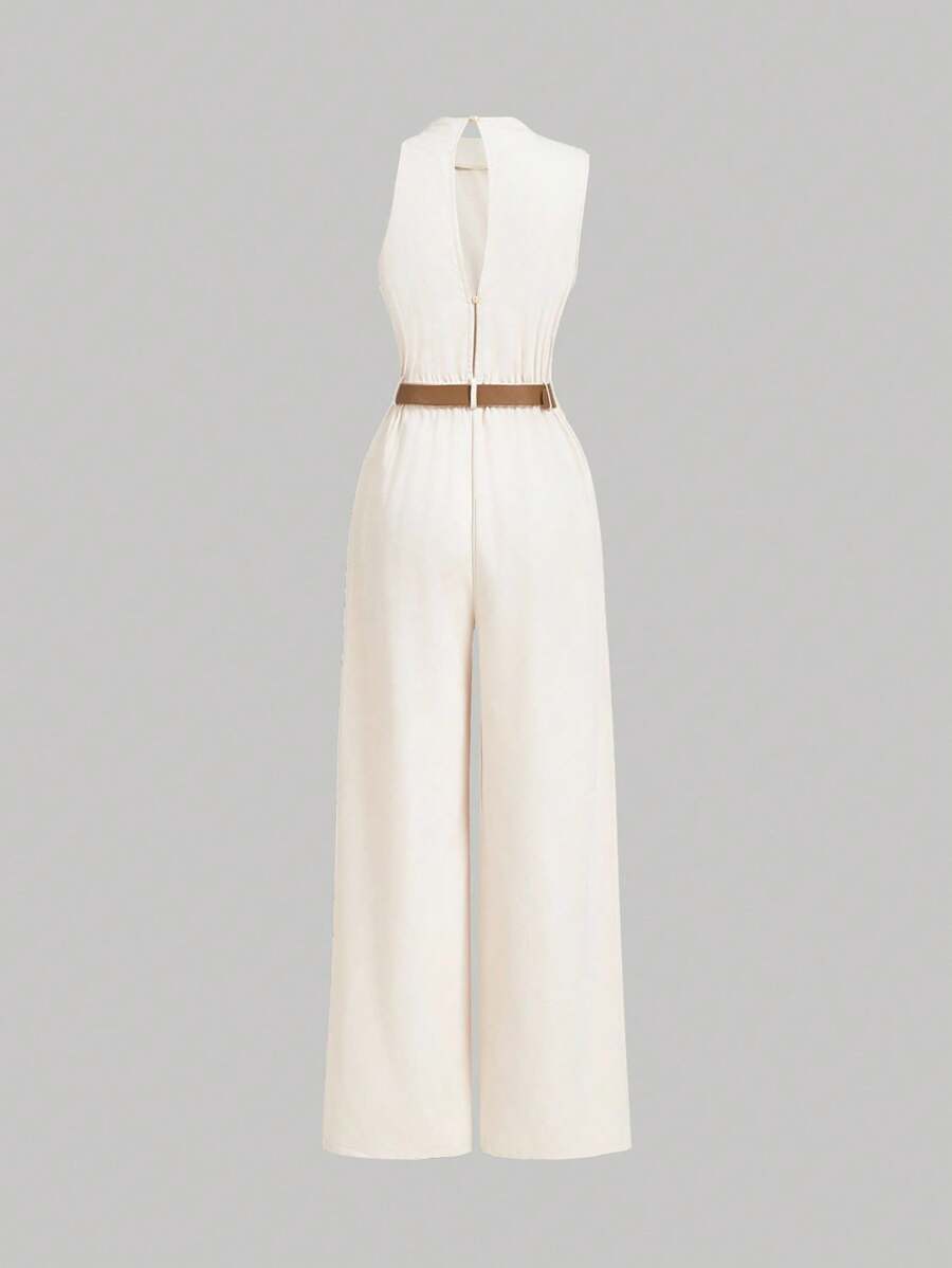 SHEIN X ELOISA & ORSON SHEIN MOD IGH NECK SOLID POCKET JUMPSUIT WITH BELT, - Khaki - View 1