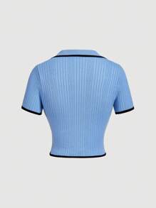 SHEIN MOD Women's Blue Contrast-Color Trim Knitted Shirt & Skirt Set, Vintage Look