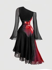 SHEIN MOD Vintage glamouröses schwarzes asymmetrisches Midi-Kleid mit fließendem Schulterfall und roter Blumenprint an der Seitentaille, Langarm mit Glockenärmeln - perfekt für Cocktailkleider, Hofdamenkleidung, Geburtstagskleider, Kreuzfahrtkleider und geeignet für Dates, Partys, Feiertage, Gartenpartys und Bälle - Schwarz - Übersicht 2