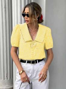 Chiquease 女士夏季休闲格子泡泡袖衬衫 - 黃色 - 查看 4