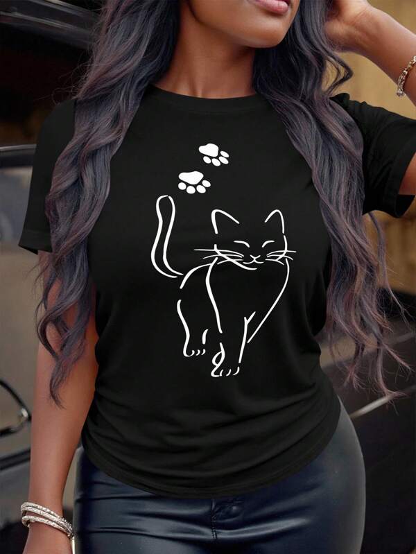 SHEIN LUNE Plus Size Women's Cat Printed Short Sleeve T-Shirt Graphic Tees Women Tops