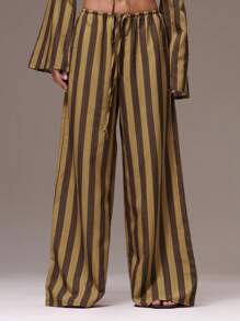 MUSERA 女士阔腿条纹亚麻质感长裤，适合假日、夏季海滩度假、感恩节、复活节等休闲场合穿着。 - 棕色 - 查看 1